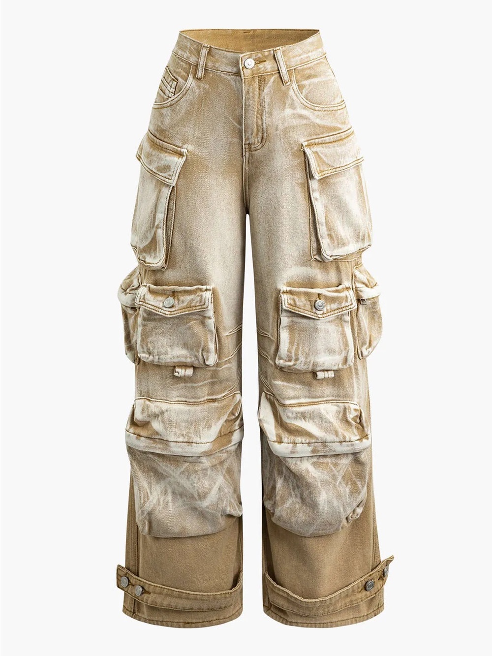 Micas Plus Ombre Multi Pocket Wide Leg Cargo Jeans in Distressed Tan
